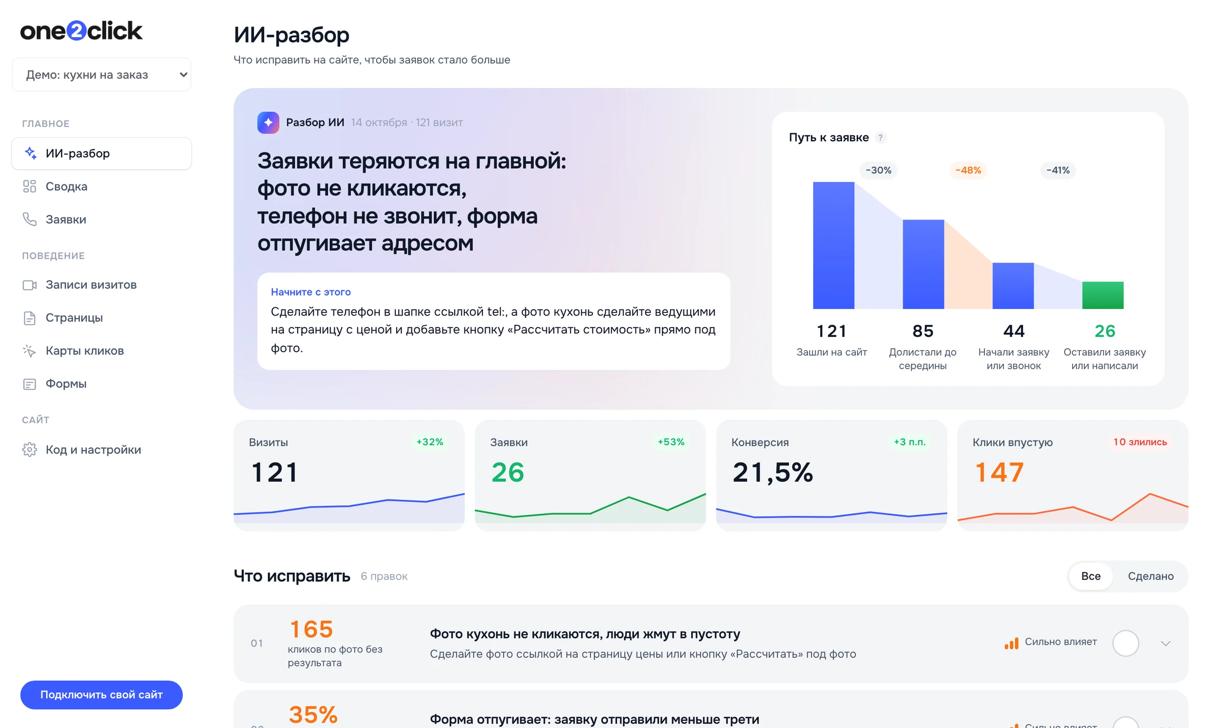 Кабинет one2click: разбор ИИ, путь к заявке и список правок